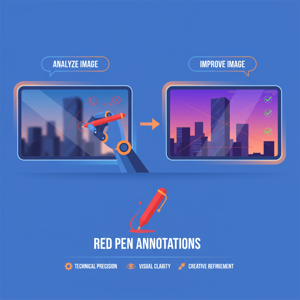 Artistic illustration of an AI tool enhancing images by marking areas for improvement with red pen annotations.