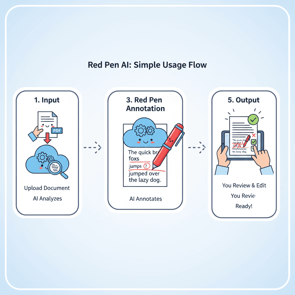 Usage steps for an AI tool in the red pen annotation category, showcasing easy image analysis and marking improvable areas.