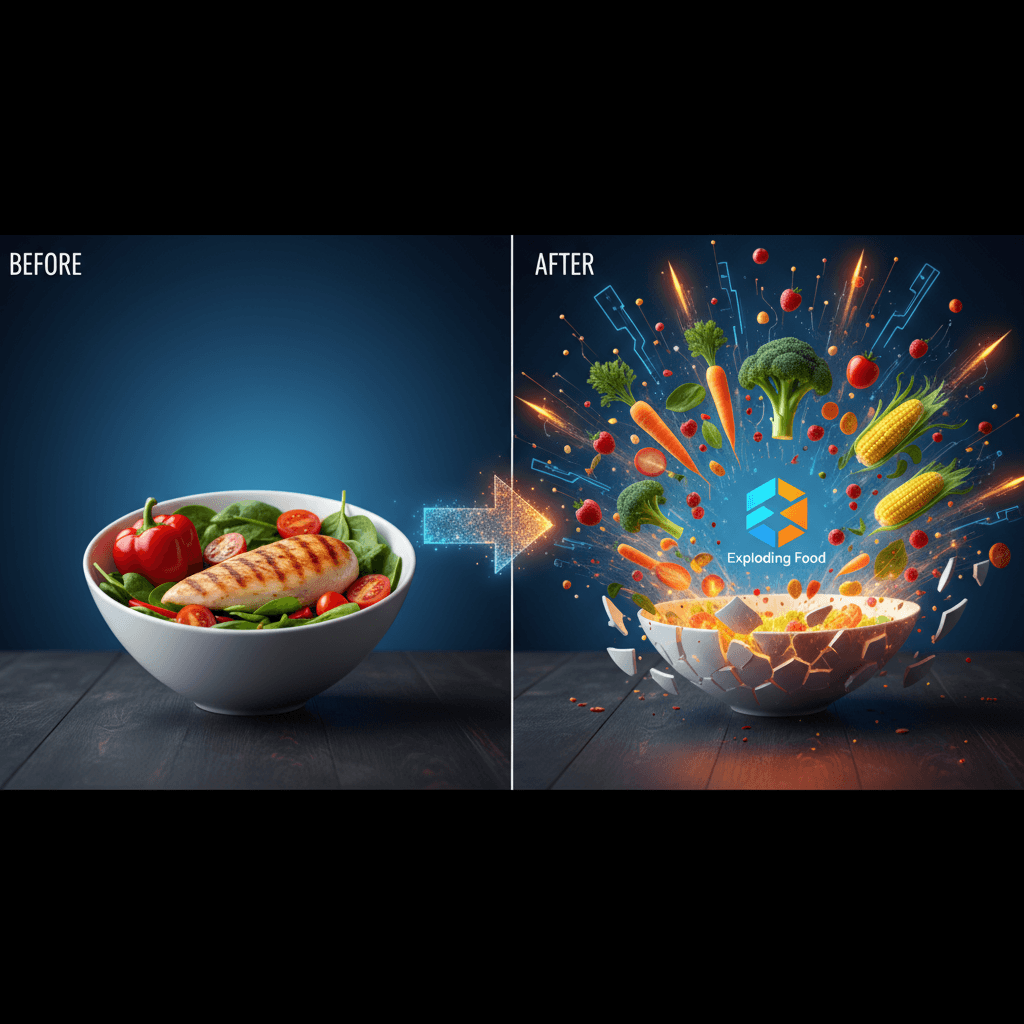 대체 텍스트: "폭발하는 음식 도구는 AI 생성을 통해 신선한 재료로 극적인 음식 광고 효과를 만듭니다."