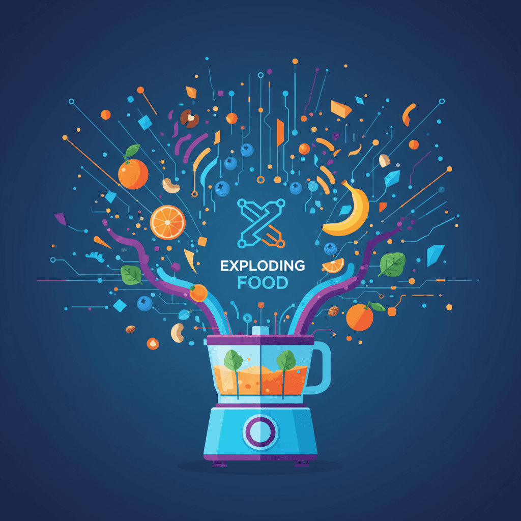 신선한 재료가 터지는 "폭발하는 음식" 아트의 극적인 일러스트레이션으로 생생한 맛을 보여줍니다. 음식 광고를 위해 AI로 제작되었습니다.