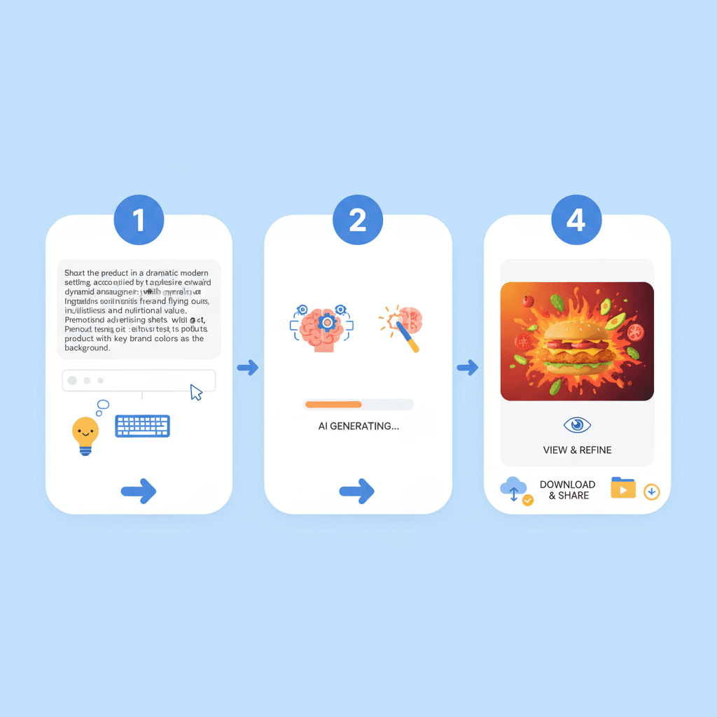 신선한 재료로 극적인 음식 광고를 만들기 위한 AI 도구의 사용 단계를 설명하는 워크플로우 다이어그램.