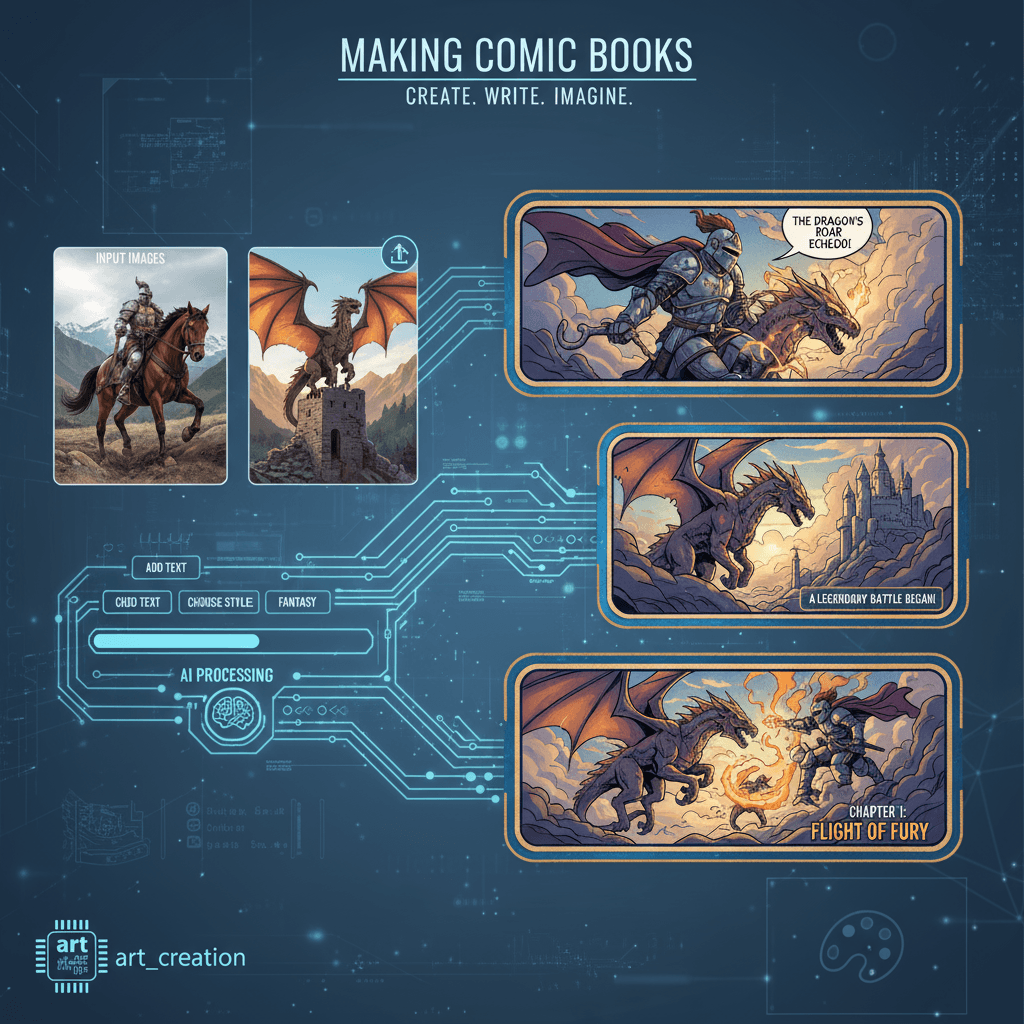 Create Comic Book: AI generation tool for crafting engaging fantasy comic stories from images.