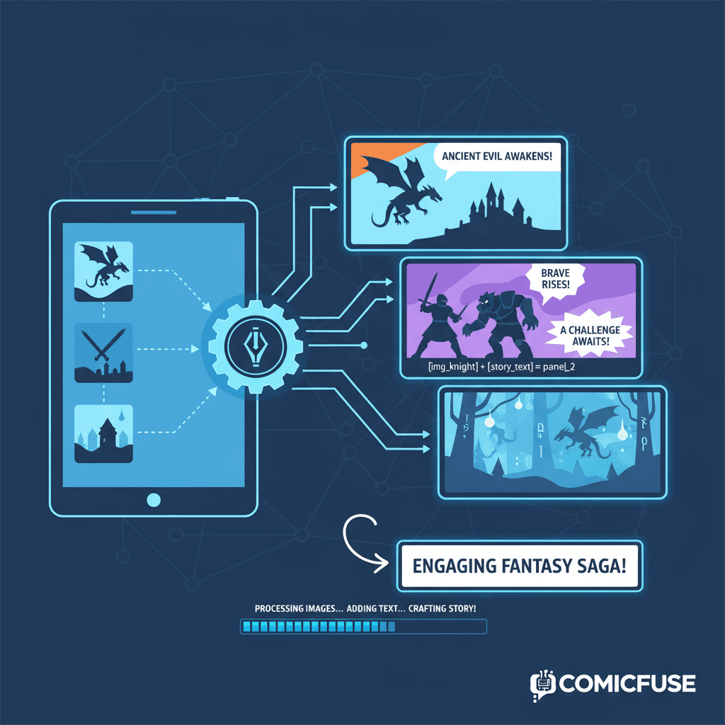 Artistic illustration showcasing an AI tool for creating engaging fantasy comic stories from images.