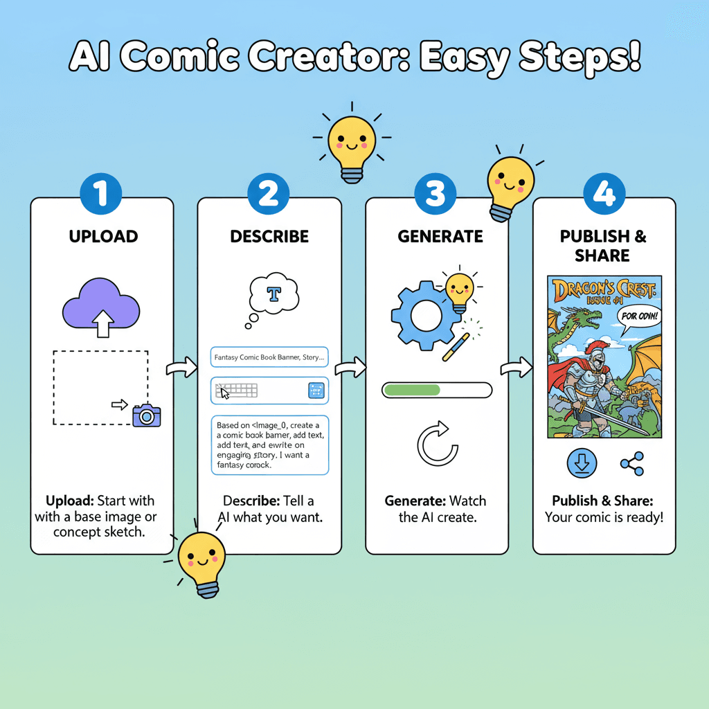 Usage steps for an AI tool to effortlessly create an engaging fantasy comic book from images.