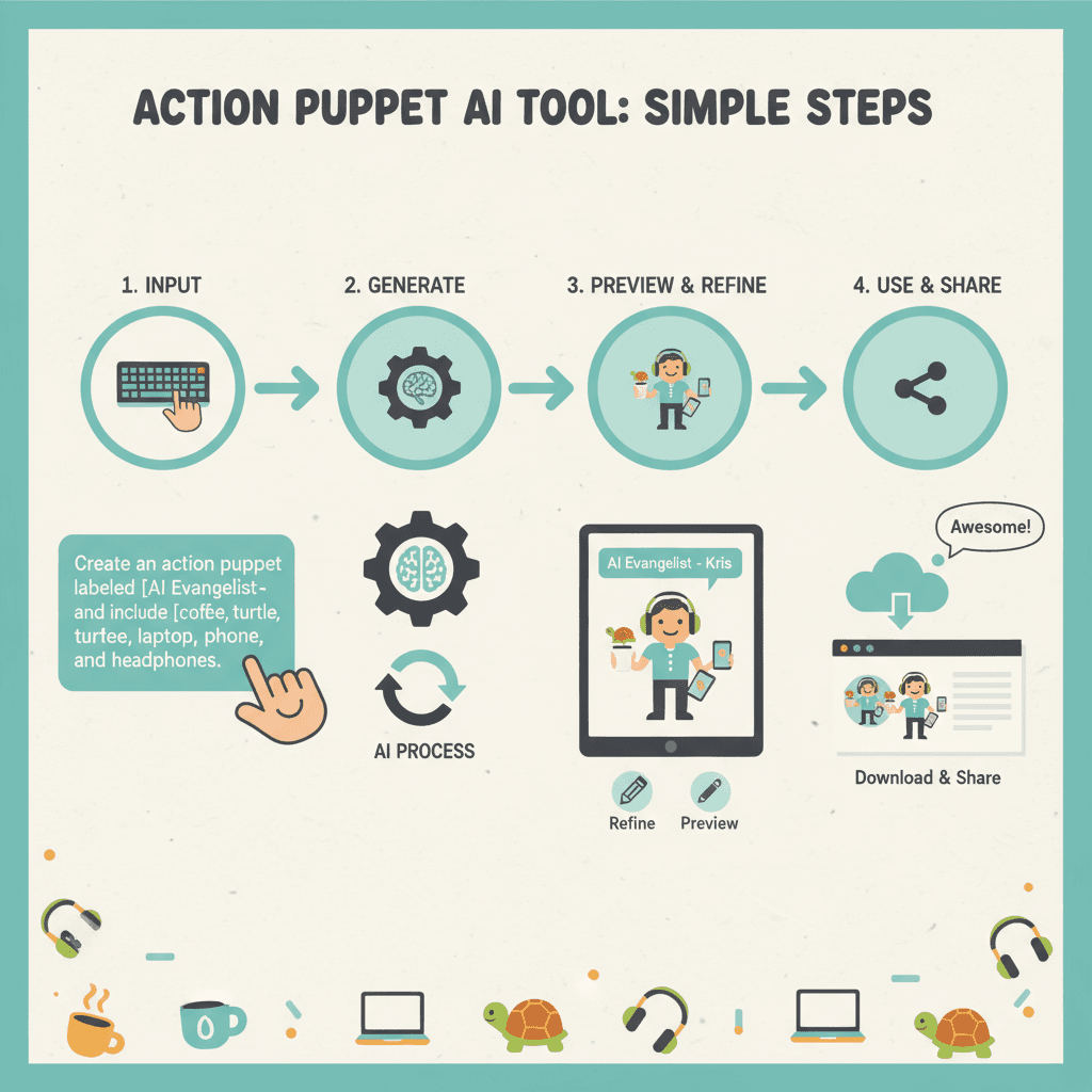 简洁流程图展示制作个性化动作人偶的使用步骤,使用AI工具,易于操作和指导。