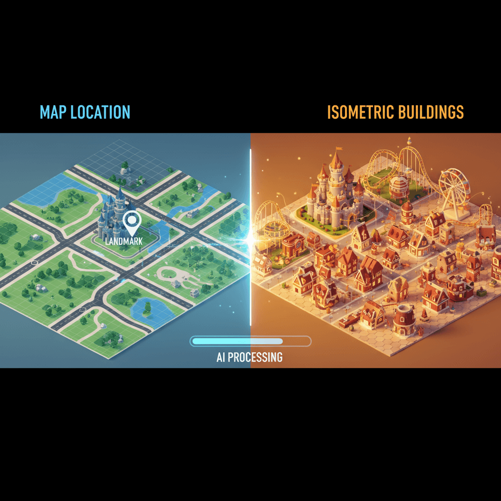 AI生成的3D_convert工具将地图位置转化为等距游戏风格建筑,展现独特的建筑设计。