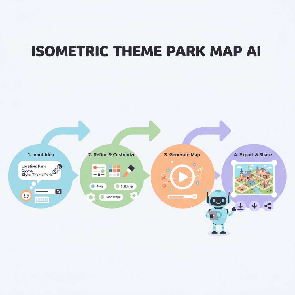 使用步骤:选择地图位置,应用AI工具生成等距建筑,快速简便,轻松创建游戏风格场景。