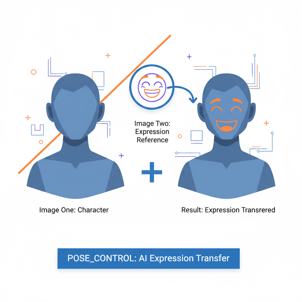 Artistic illustration of AI tool for pose control, showcasing character expression replacement using reference images.