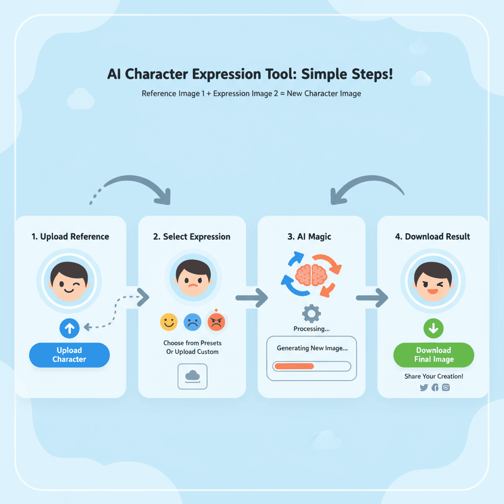 Workflow diagram illustrating usage steps for an AI tool that replaces character expressions using reference images.