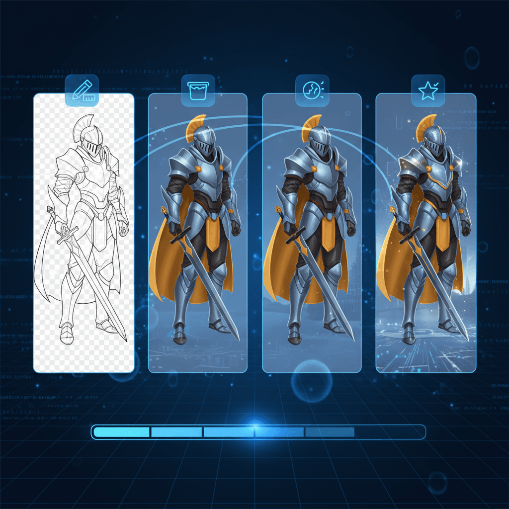 AI生成插画绘画过程四格:线稿、上色、细节、完成,使用数字绘图工具呈现教育内容。