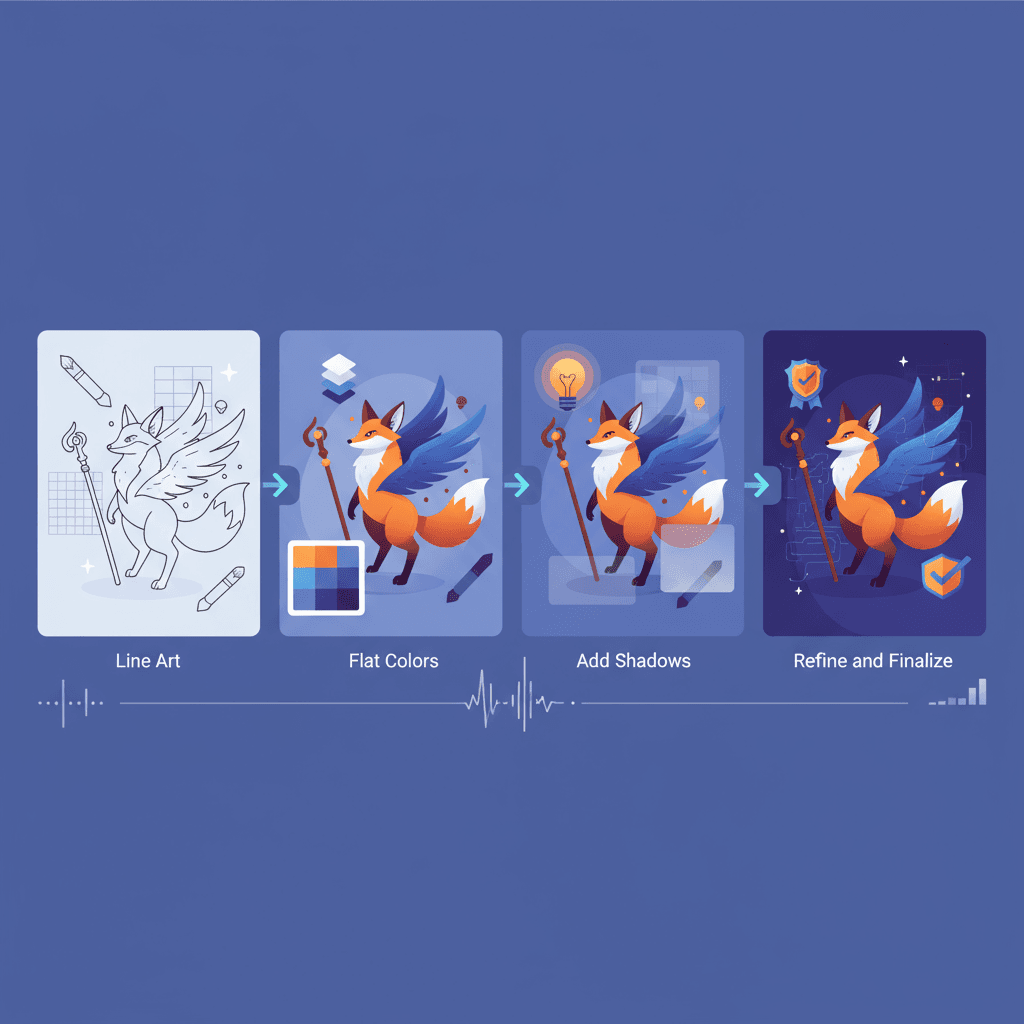 插画绘画过程四格,展示从线稿到完成的步骤,使用AI绘图工具,适用于教育场景。