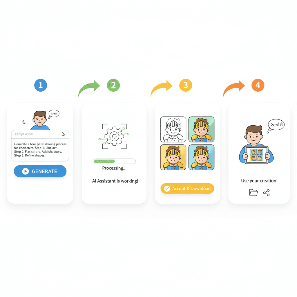 插画绘画过程四格,展示使用步骤:线稿、上色、细节处理、完成,使用易用的AI工具,提供清晰流程指导。