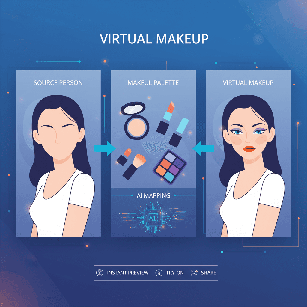 AI虚拟试妆工具展示女性人物应用指定妆容效果,提升个性化美妆体验。