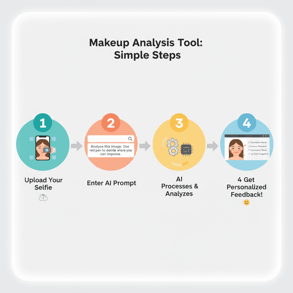 妆面分析流程图,展示使用步骤和AI工具,标注可改进之处,简便易懂,提供清晰指导。