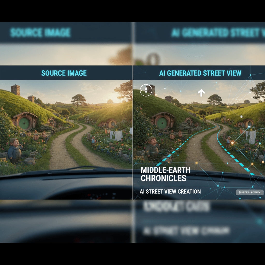 "Middle-earth in Google Maps View: AI generation of fantasy world street view style visuals for immersive art creation."