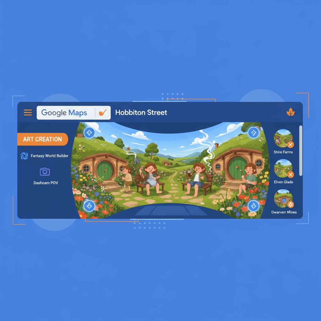 Artistic illustration of Middle-earth in Google Maps view, showcasing fantasy landscapes with AI-generated street view style.