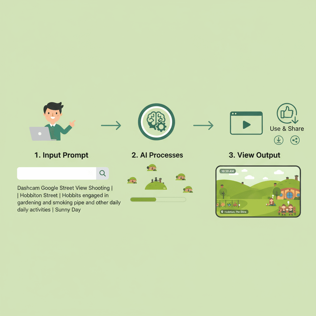 Usage steps for an AI tool that creates fantasy world street view images in "Middle-earth" style, highlighting ease of use.