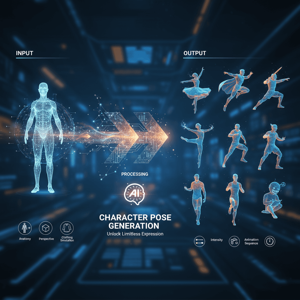 "Multiple Character Pose Generation: AI generation tool for creating diverse pose sheets for character design."