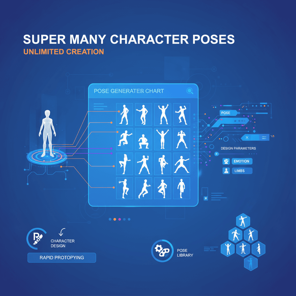 Artistic illustration showcasing AI tool for character design, generating diverse pose sheets for character poses.
