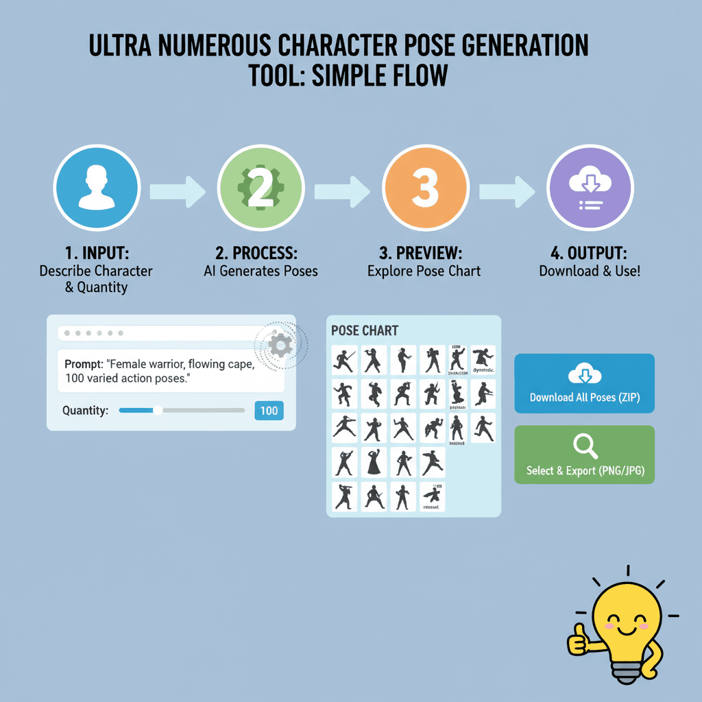 Usage workflow diagram for an AI tool, outlining easy steps for generating multiple character pose sheets.