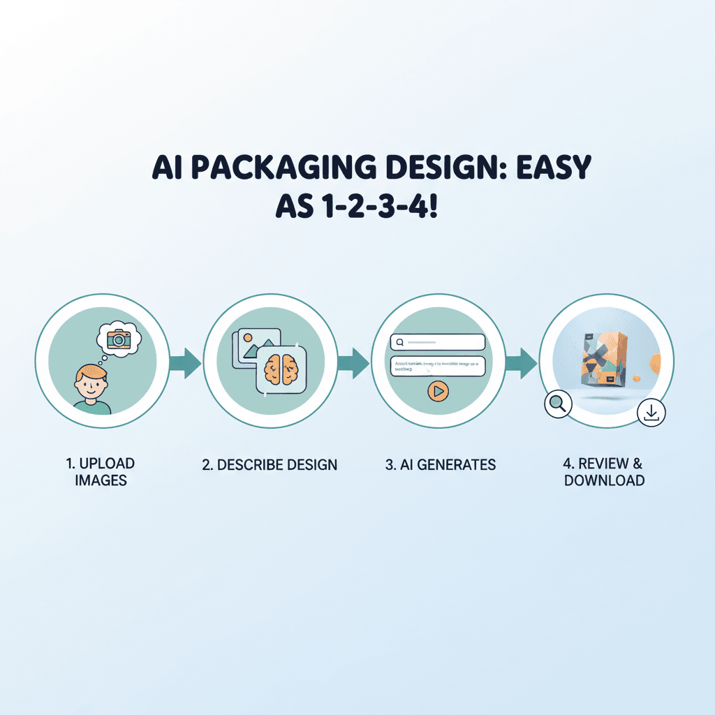 简洁流程图展示了使用步骤,AI工具帮助轻松将图片应用于产品包装。