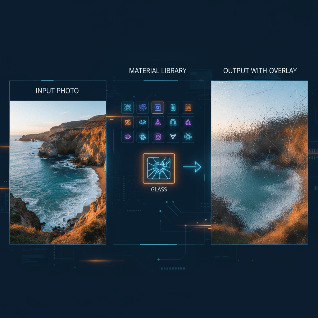 "Overlay Filters/Materials tool adds glass and material effects to photos with advanced AI generation for stunning enhancements."
