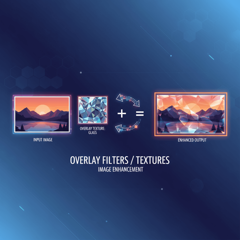 Artistic illustration of Overlay Filters/Materials: AI tool for enhancing photos with glass and material effects.
