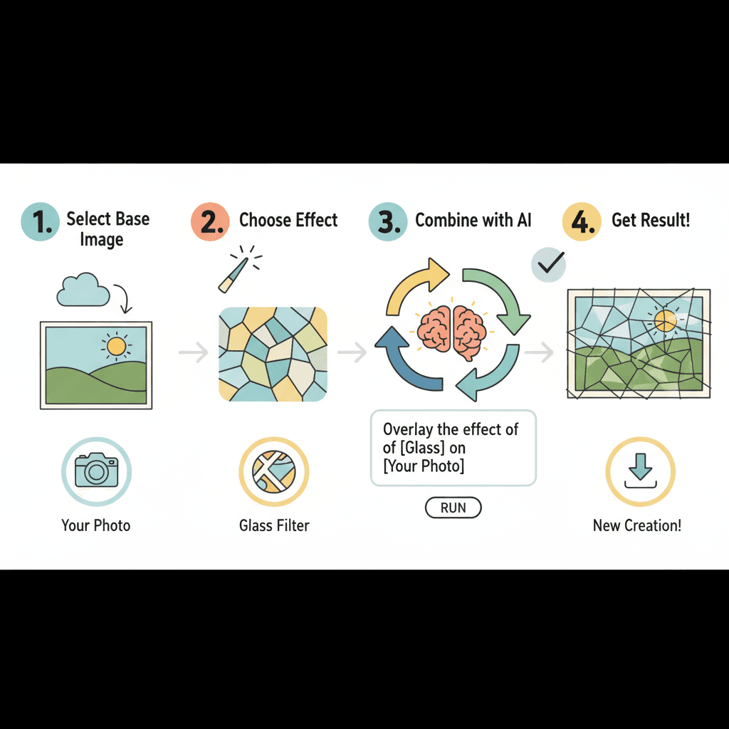 Usage steps for applying overlay filters/materials in an AI tool to easily add glass or material effects to photos.