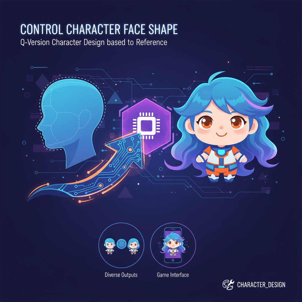 Künstlerische Illustration des Werkzeugs "Steuerung der Gesichtsform von Charakteren" für das KI-gesteuerte Design von Q-Version Charakteren basier…