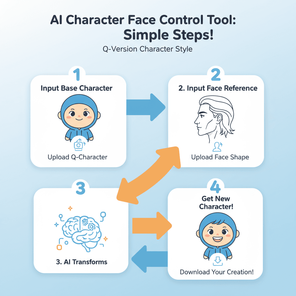 Nutzungsanleitung für ein KI-Tool, um einfach Q-Version Charaktere basierend auf verschiedenen Gesichtsformen zu gestalten. Prozessanleitung enthal…