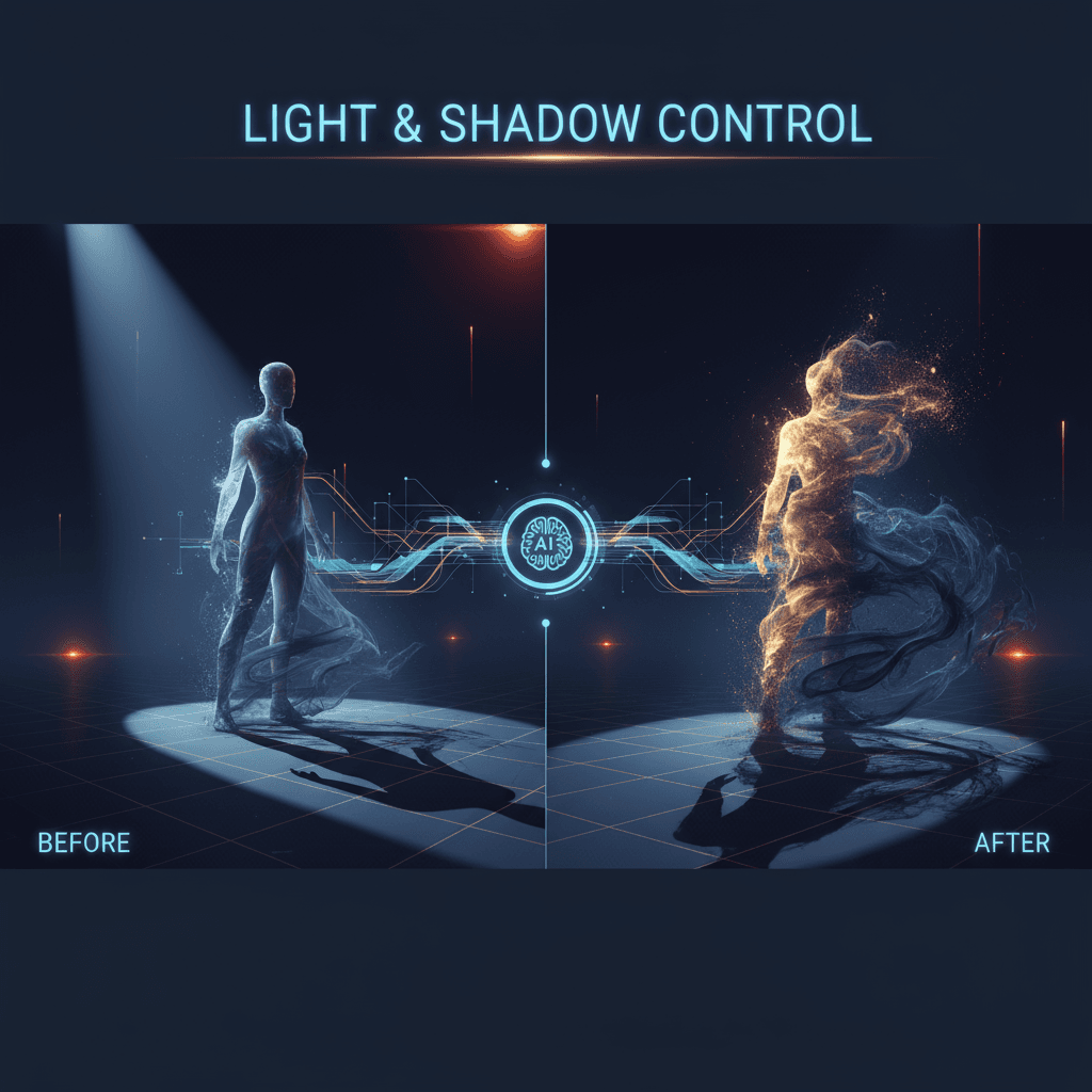 "Lighting Control: Adjust character lighting using reference image effects for enhanced realism with AI generation."