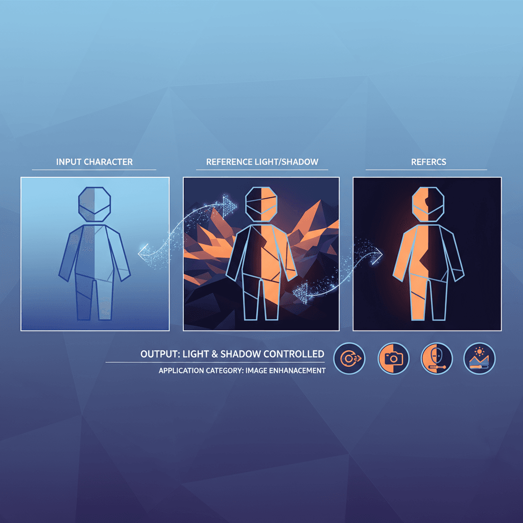 Artistic illustration of an AI tool for lighting control, enhancing character images to match reference lighting effects.