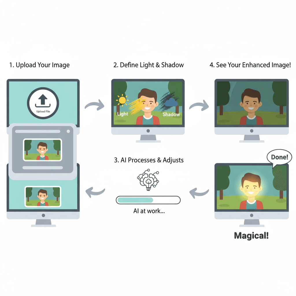Usage steps for an AI tool in the lighting control category, guiding easy adjustments based on reference image lighting.