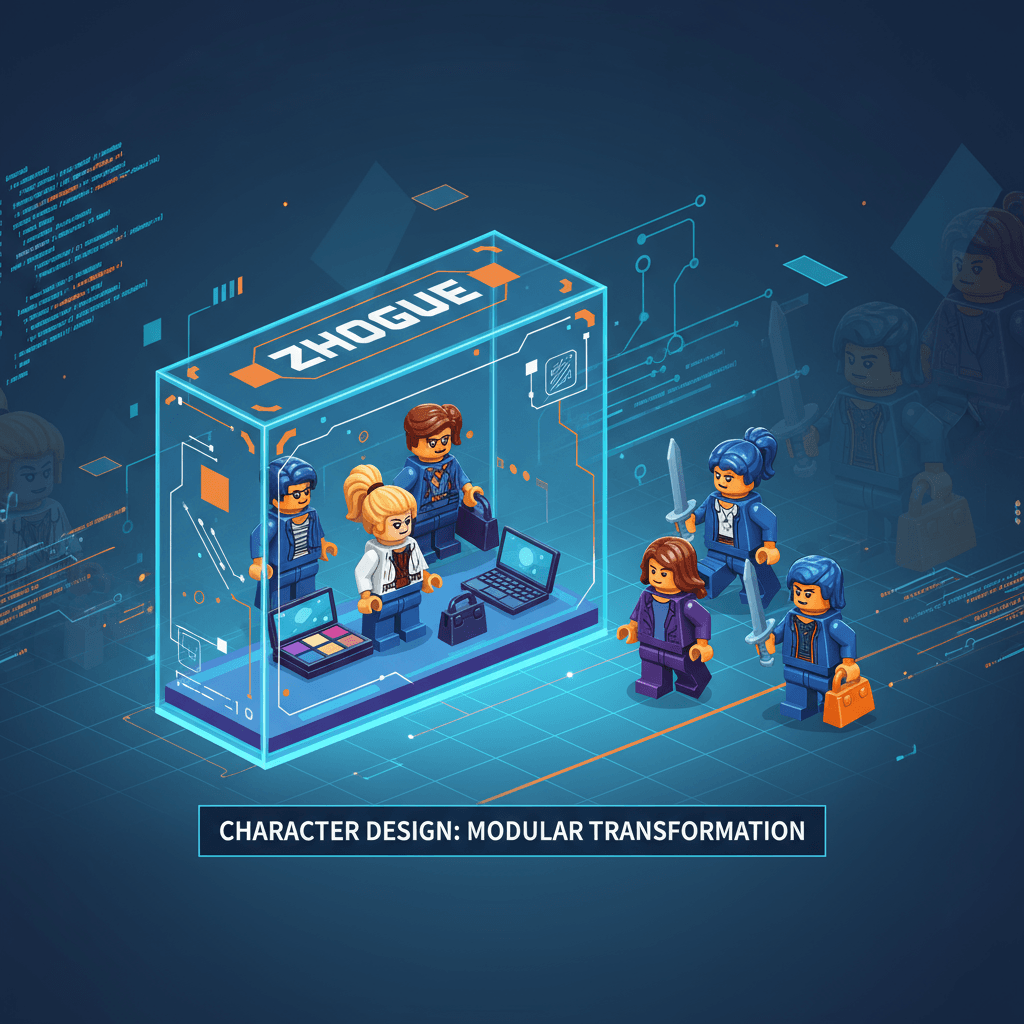 AI를 사용하여 창의적인 맞춤화를 위한 캐릭터 디자인을 보여주는 레고 미니피규어 포장의 예술적 일러스트레이션.