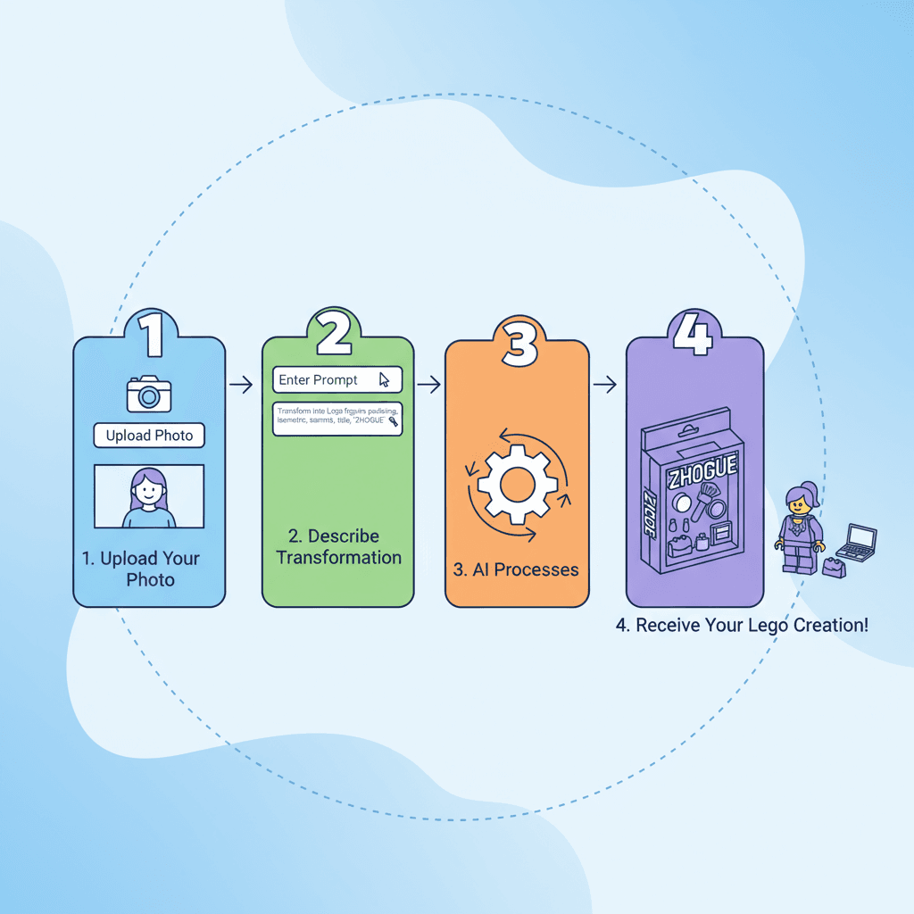 캐릭터를 레고 미니피규어 포장 스타일로 변환하는 AI 도구의 사용 단계를 설명하는 다이어그램으로 사용의 용이성을 강조합니다.