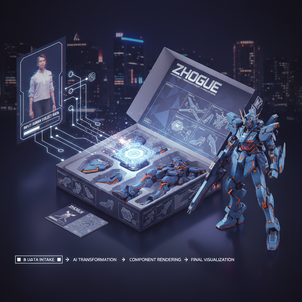 Gundam Model Kit: AI generation tool converting characters into Gundam model kit packaging style for unique character design.