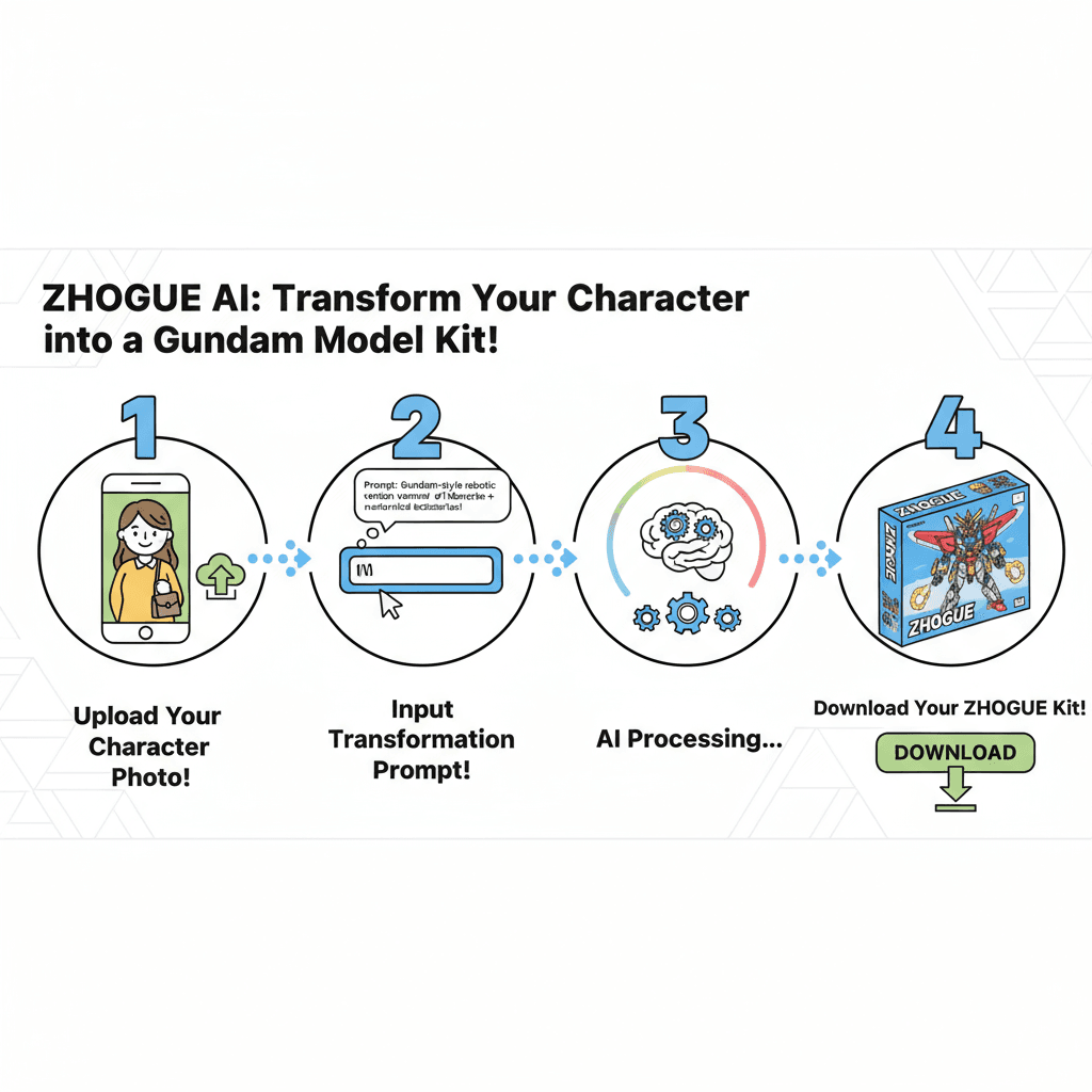 使用步骤:将人物转化为高达模型风格,使用AI工具,简单易操作,轻松完成。