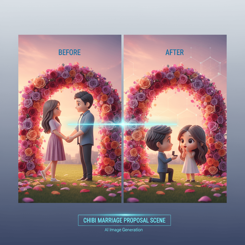 将两个人转换为Q版3D人物,背景为浪漫求婚场景,AI生成,花瓣拱门和玫瑰花瓣点缀。