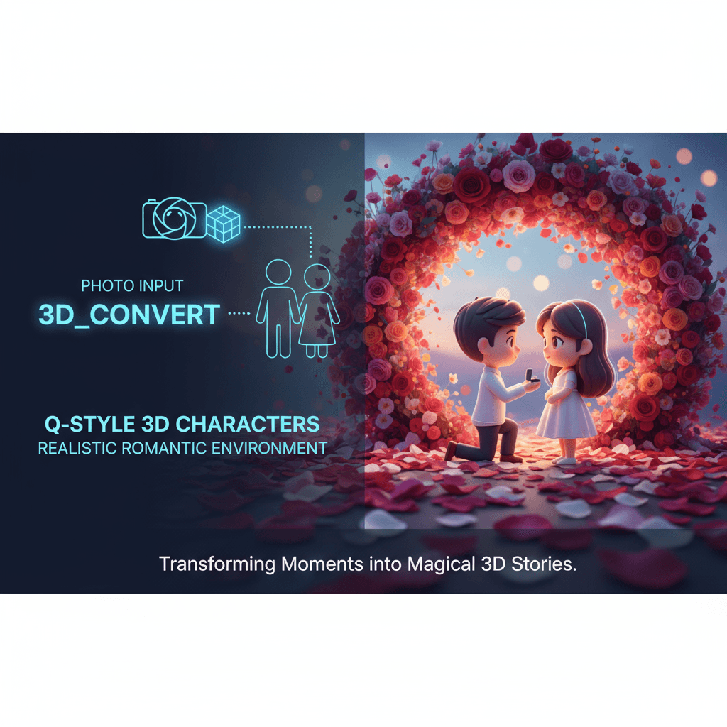 "Q版求婚场景,AI工具将两人转为3D人物,浪漫背景中花瓣拱门与玫瑰花瓣点缀。"