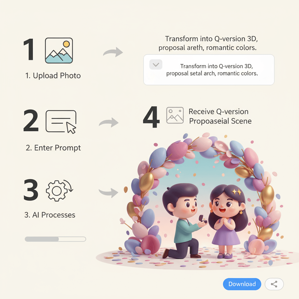 使用步骤:选择照片,应用AI工具将人物转换为Q版3D,设置求婚场景,添加花瓣拱门和玫瑰花瓣,轻松