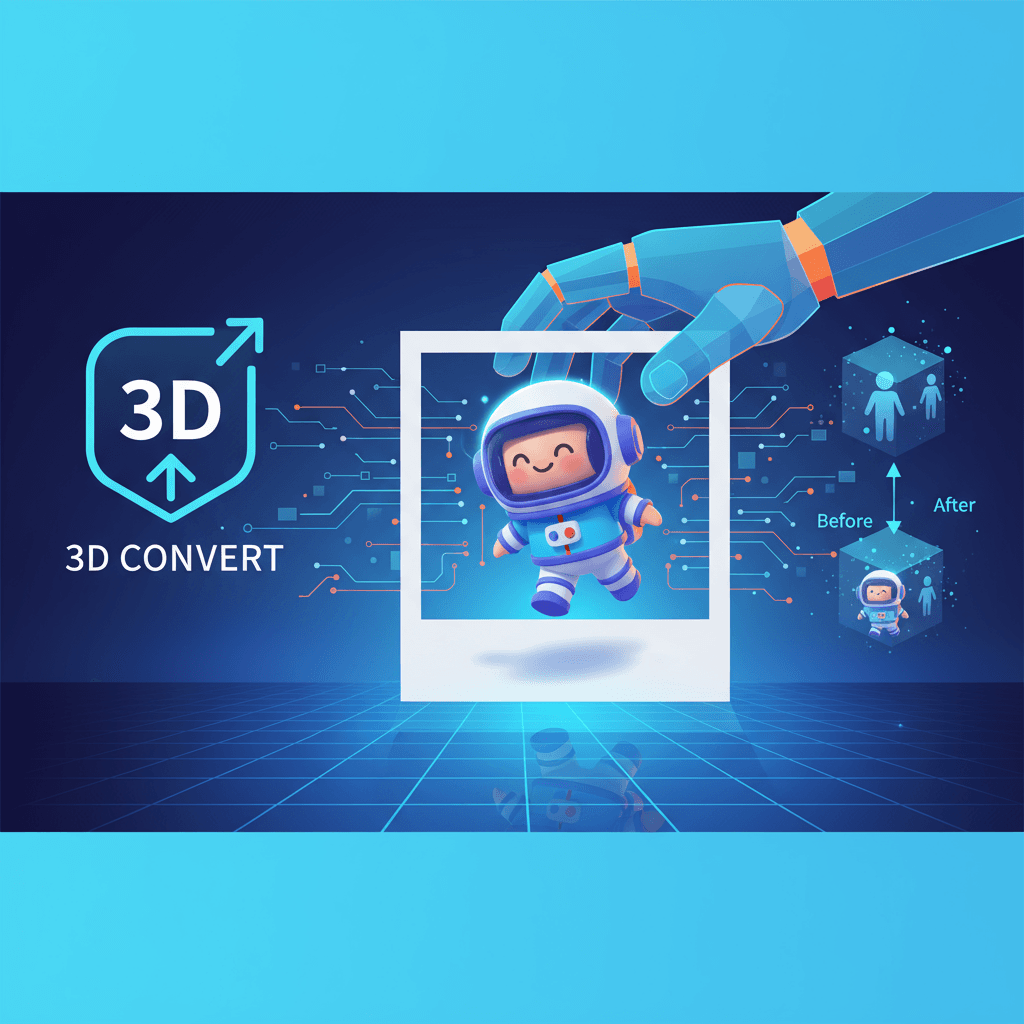 3D Q-Style characters emerging from a Polaroid photo held by a hand, showcasing AI's ability to transform 2D images into 3D reality.