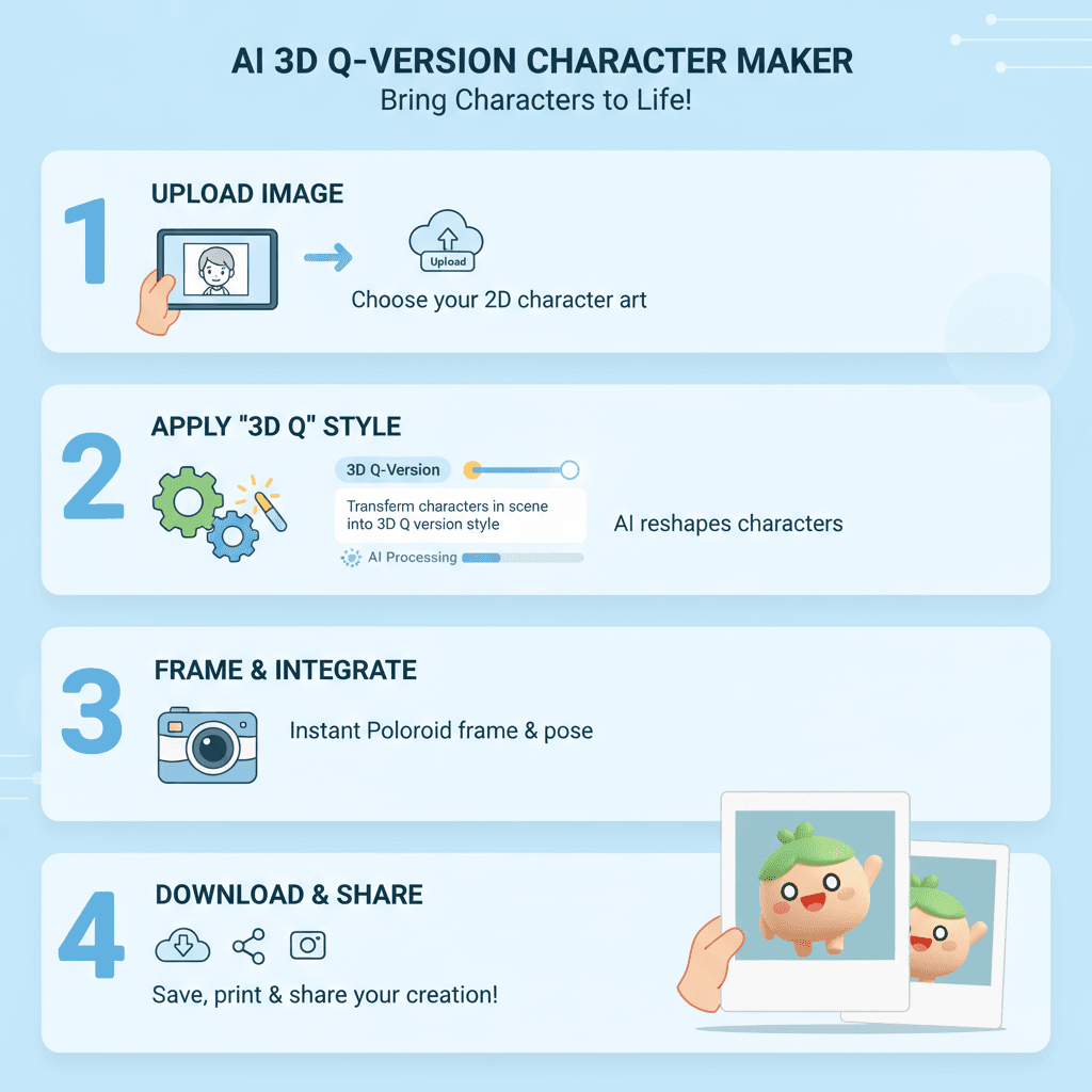 Usage steps for an AI tool transforming scene characters into 3D Q-style, creating a dynamic photo frame effect.