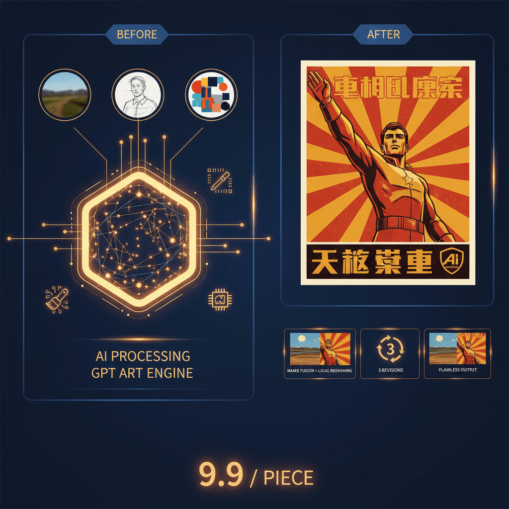 ملصق دعاية ريترو: توليد الذكاء الاصطناعي لامرأة شابة مبتسمة بأسلوب ريترو مع خلفية شعاعية حمراء وصفراء، يروج لخدمة الرسم بالذكاء الاصطناعي من GPT.