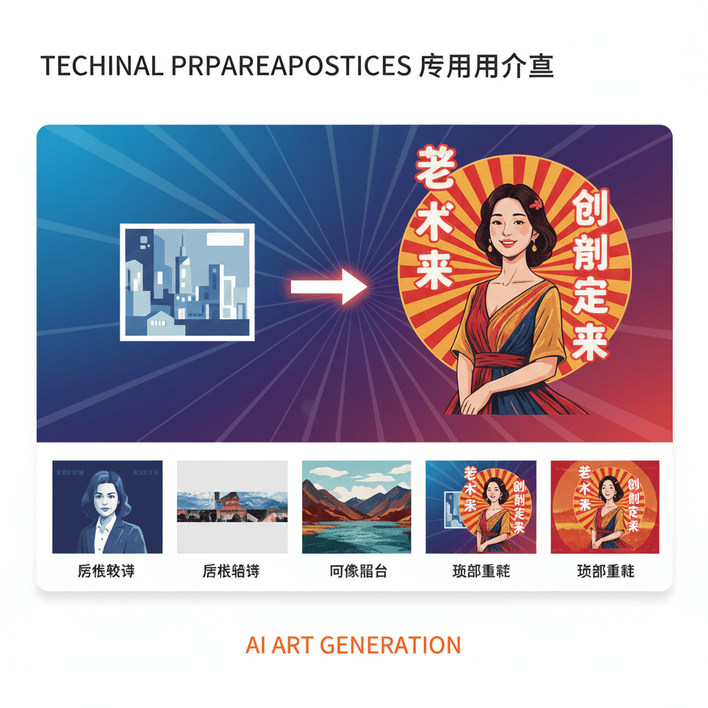 ملصق دعاية ريترو يظهر امرأة مبتسمة، يروج لخدمة الرسم بالذكاء الاصطناعي من GPT مع خلفية حمراء وصفراء نابضة بالحياة.