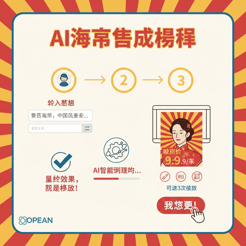 خطوات الاستخدام لأداة الذكاء الاصطناعي: ملصق دعاية ريترو يظهر امرأة مبتسمة، يعرض ترويجًا سهلاً لخدمة الرسم من GPT.