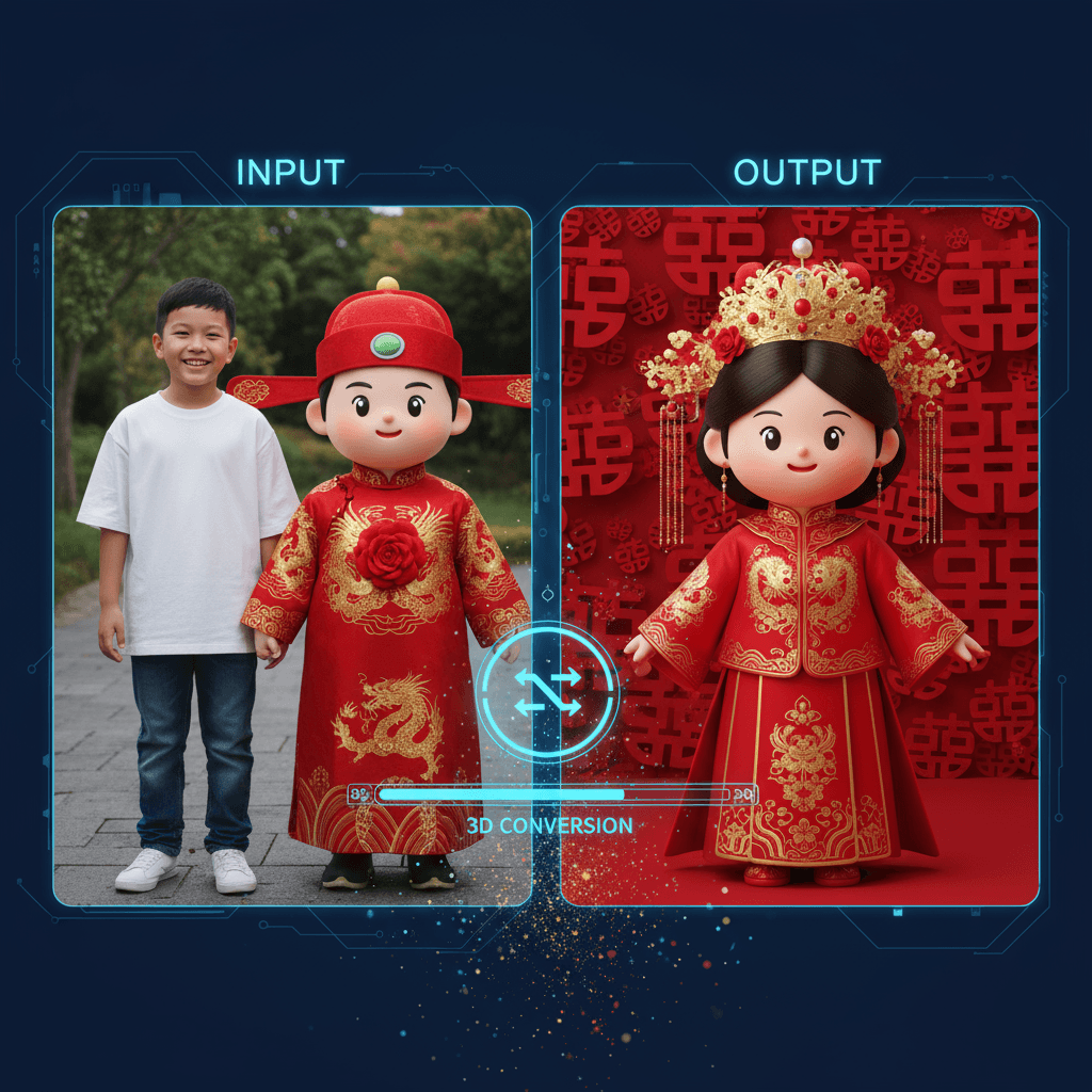 "3D Q-Style Chinese Wedding Portrait: AI generation of two people in vibrant Q-style 3D characters in traditional wedding attire."