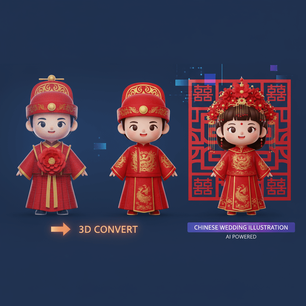 3D Q-style Chinese wedding portrait of a couple in vibrant red attire, showcasing AI transformation with traditional elegance.