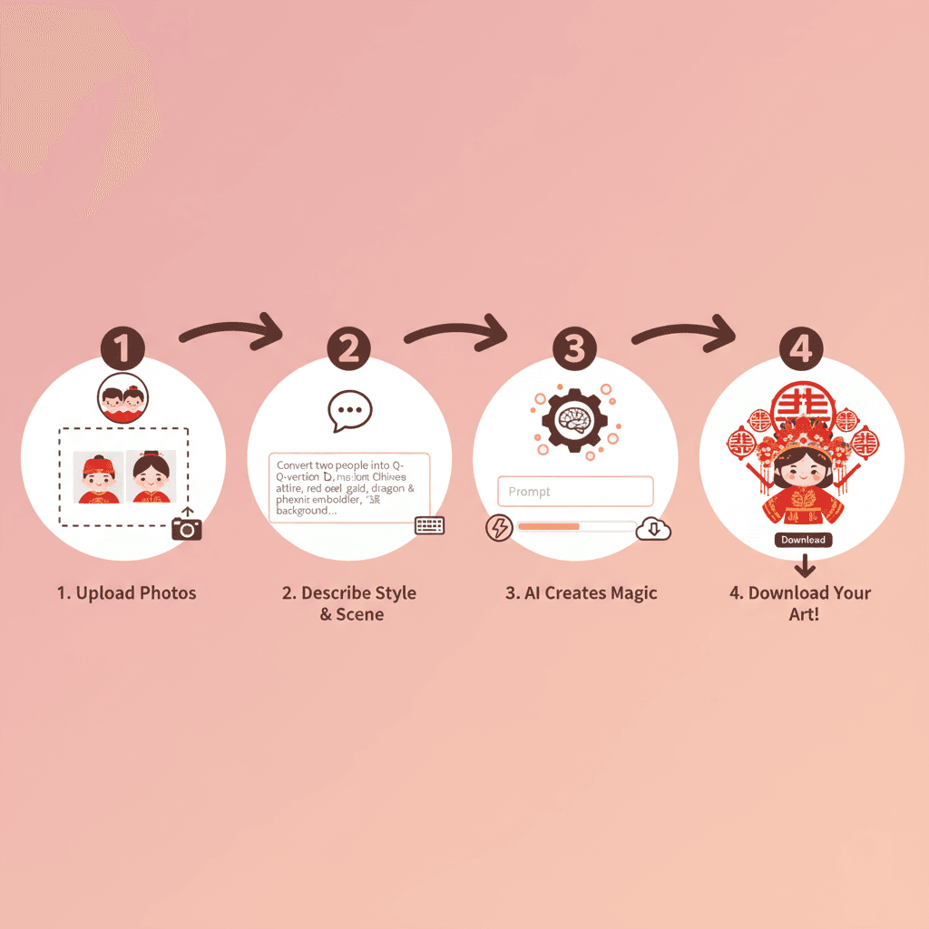 Workflow diagram illustrating usage steps for an AI tool to create 3D Q-style Chinese wedding portraits effortlessly.
