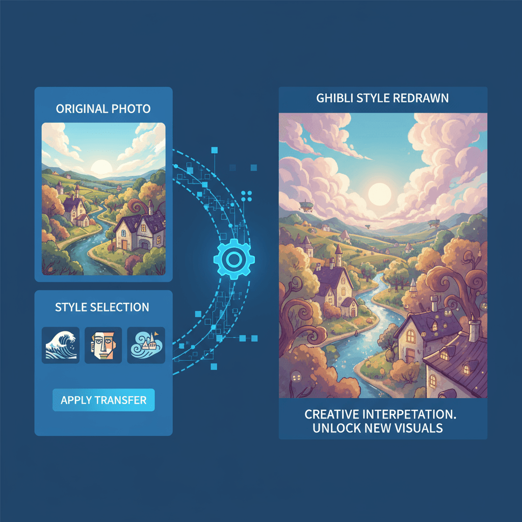 一幅吉卜力风格的艺术作品,通过AI风格转移技术重绘照片,展现梦幻场景。