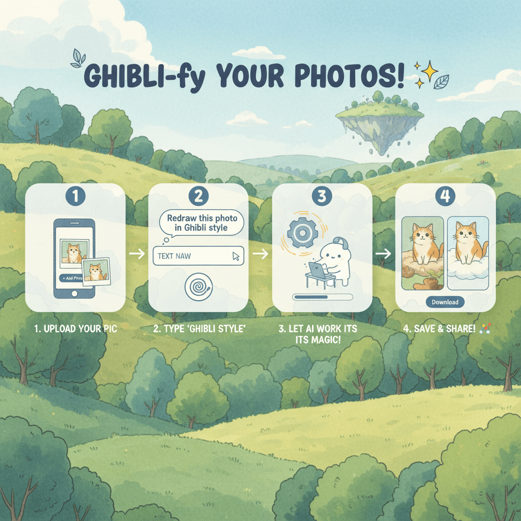 使用步骤:通过AI工具轻松将照片转化为吉卜力风格,简便易懂,适合所有用户。